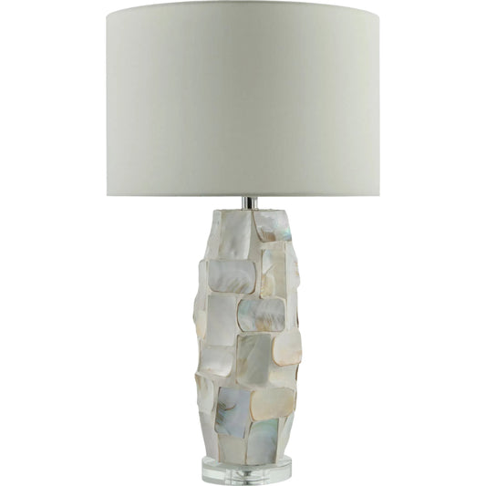 Walvis Rounded Accent Table Lamp by Livabliss in body: cream, clear; base: clear; shade: white; finial: clear; harp: metallic - nickel; cord: translucent and plated, inlaid, translucent. Made from shell, crystal, linen, poly