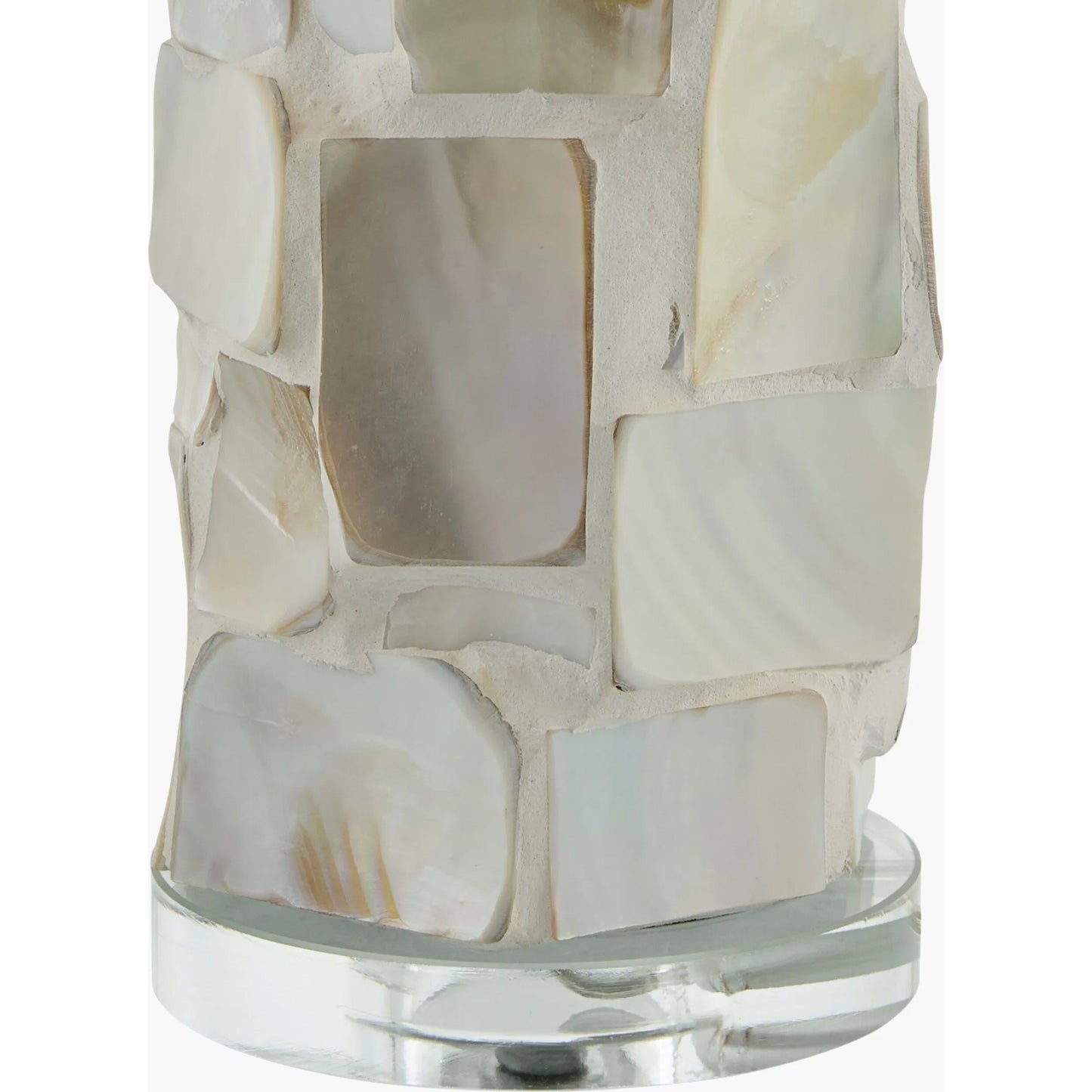 002 SI-2349558 | Closeup | Walvis Accent Table Lamp by Livabliss in body: cream, clear; base: clear; shade: white; finial: clear; harp: metallic - nickel; cord: translucent and plated, inlaid, translucent. Made from shell, crystal, linen, polyester in a tr