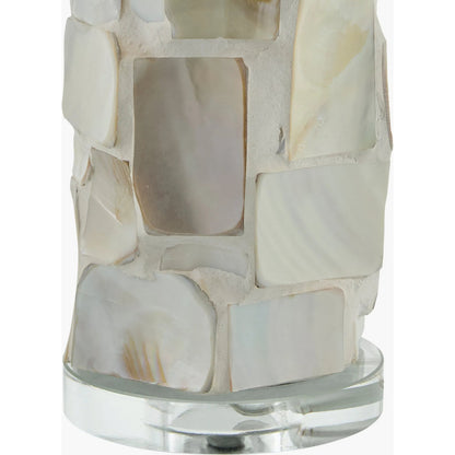 Walvis Accent Table Lamp by Livabliss in body: cream, clear; base: clear; shade: white; finial: clear; harp: metallic - nickel; cord: translucent and plated, inlaid, translucent. Made from shell, crystal, linen, polyester in a tr