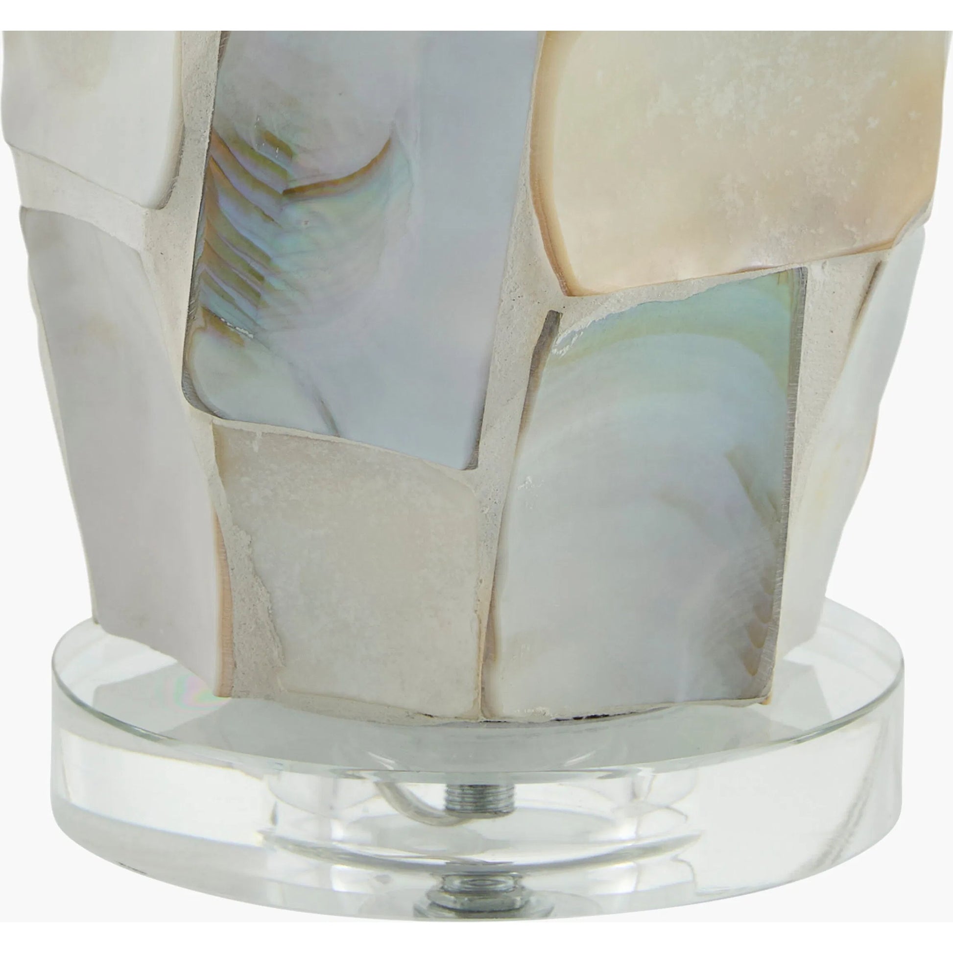 Walvis Rounded Accent Table Lamp by Livabliss in body: cream, clear; base: clear; shade: white; finial: clear; harp: metallic - nickel; cord: translucent and plated, inlaid, translucent. Made from shell, crystal, linen, polyester