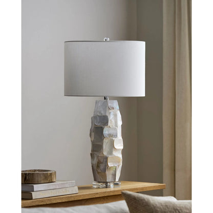 Walvis Rounded Accent Table Lamp by Livabliss in body: cream, clear; base: clear; shade: white; finial: clear; harp: metallic - nickel; cord: translucent and plated, inlaid, translucent. Made from shell, crystal, linen, polyest