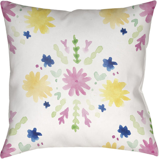 Flores Burst Pillow - 21368 by Livabliss in pink, yellow, green, blue, neutral. Made from front: 100% polyester, back: 100% polyester in a modern style.