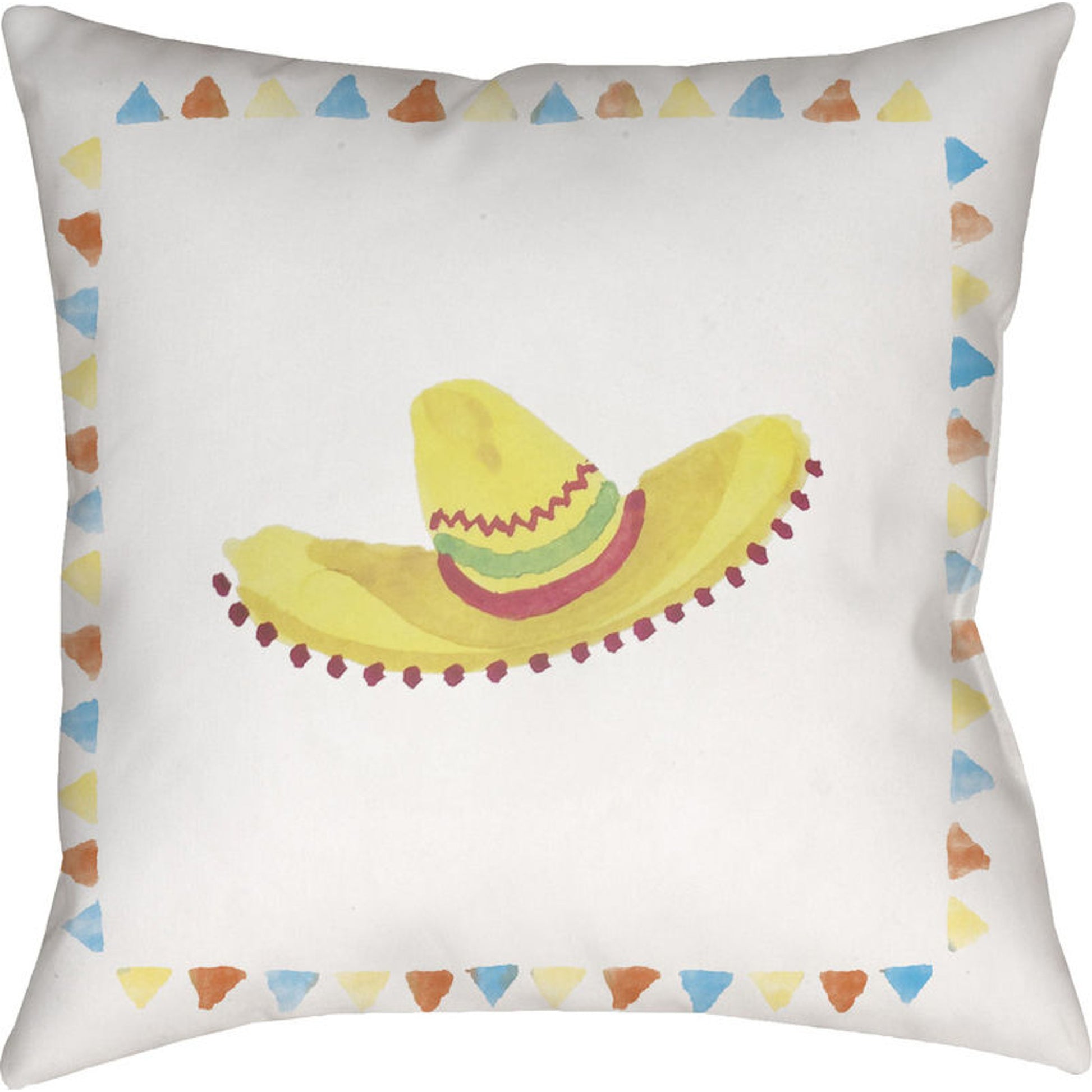 Sombrero Indoor/Outdoor Pillow by Livabliss in neutral, orange, blue, yellow, red, green. Made from front: 100% polyester, back: 100% polyester in a modern style.