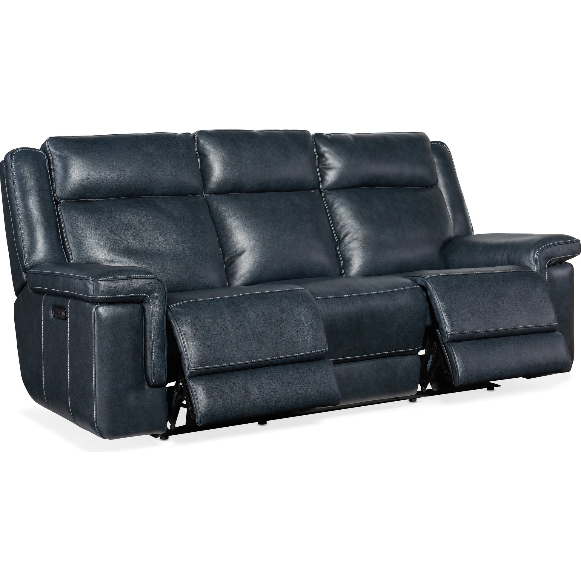 Montel Lay Flat Power Sofa by Hooker Furniture in cosmos cobalt. Made from leather in a traditional style.