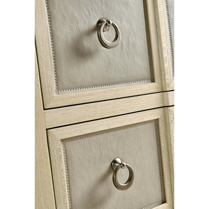 Water Neap Leather Front Chest by Jonathan Charles in ash blonde. Made from died koto veneer, leather, brass in a transitional style.