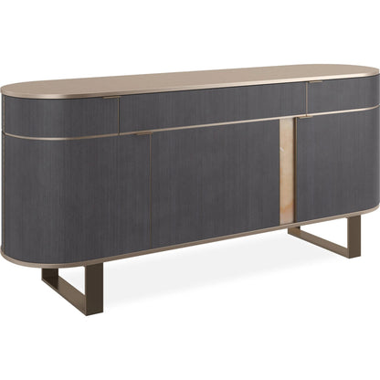 Piet Sideboard by Caracole in zinc, brushed gold paint, brushed gold. Made from asian hardwood in a modern style.