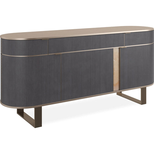 Piet Sideboard by Caracole in zinc, brushed gold paint, brushed gold. Made from asian hardwood in a unique style.