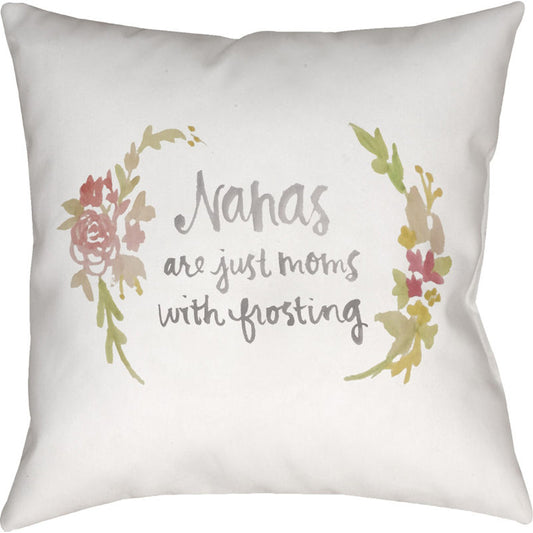 Nana Pillow - 29932 by Livabliss in neutral, gray, green, pink. Made from front: 100% polyester, back: 100% polyester in a traditional style.