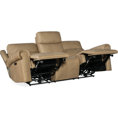 Oberon Zero Gravity Power Sofa by Hooker Furniture in caruso sand. Made from leather in a traditional style.