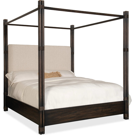 Retreat Pole Rattan Upholstered Poster Bed by Hooker Furniture in neo cream. Made from oak veneers, fabric, rope in a cottage & farmhouse style.