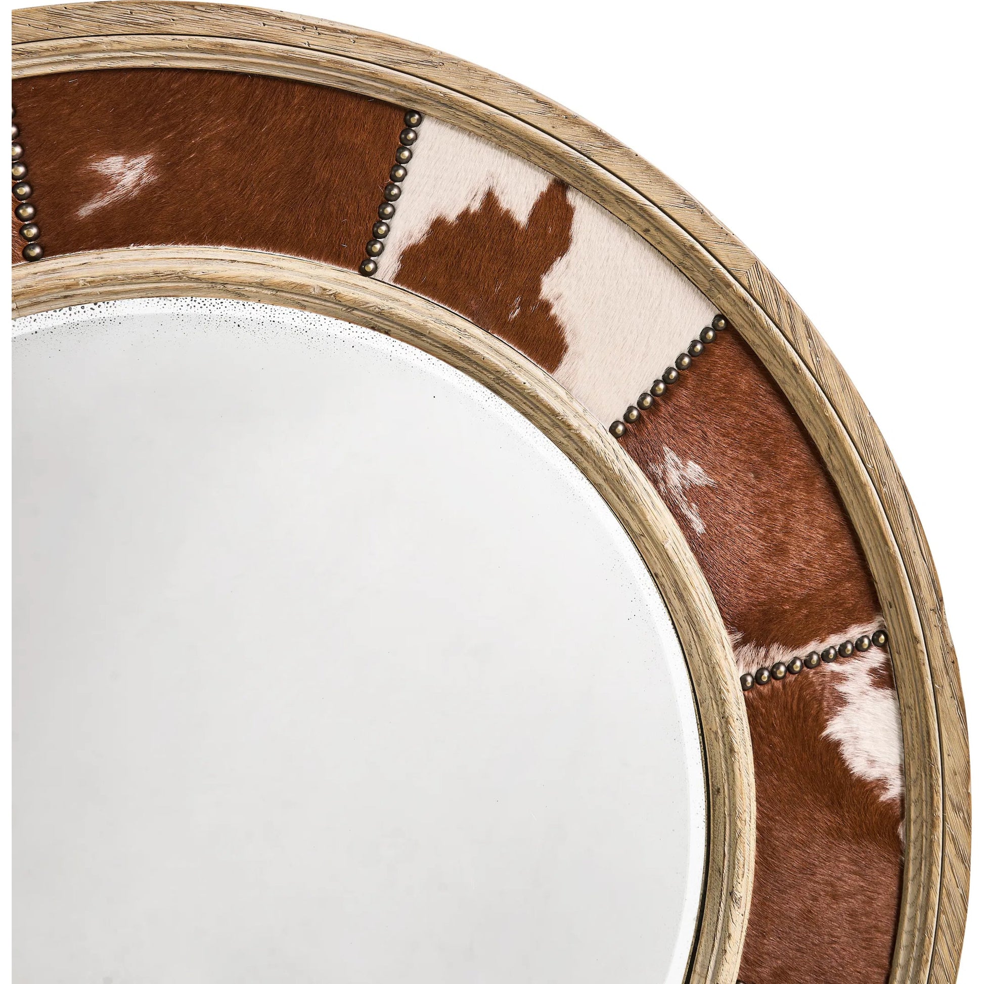 Sagehill Round Hide Mirror by Jonathan Charles in timberon grey oak. Made from oak in a cottage & farmhouse style.