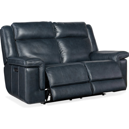 Montel Lay Flat Power Loveseat by Hooker Furniture in cosmos cobalt. Made from leather in a traditional style.
