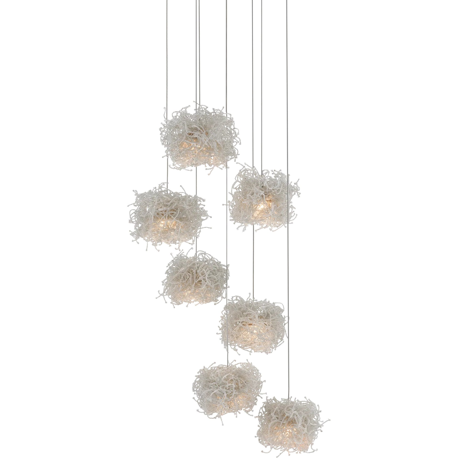 Birds Nest Pendant by Currey and Company in painted silver, clear. Made from metal, glass bead in a modern style.