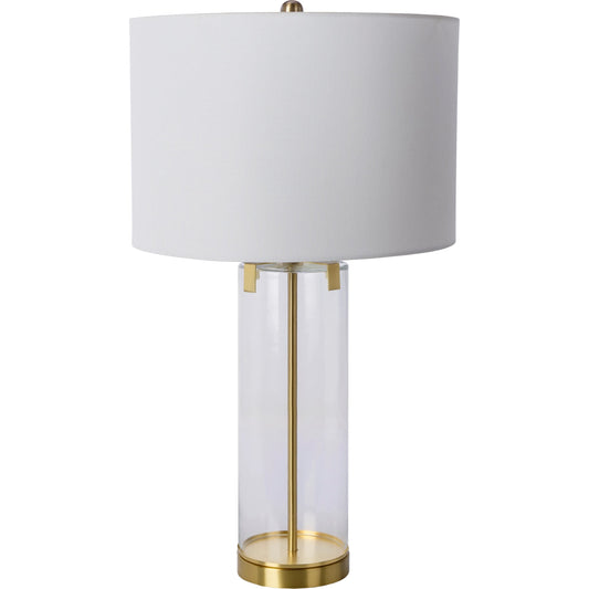 Wanaka - 30310 by Surya in metallic brass, clear, translucent, white and brushed, brushed. Made from shade (outside): linen, shade (inside): polyester, body: glass, base: metal, finial: metal, harp: metal in a traditional