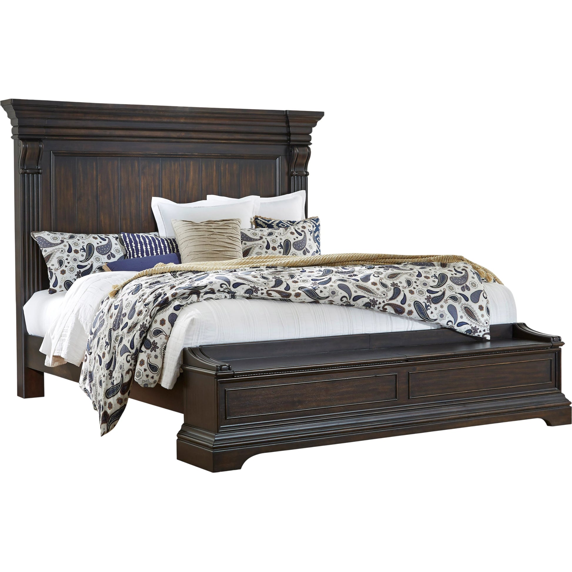 Caldwell Storage Bed by Pulaski Furniture in dark brown espresso. Made from acacia veneers, asian hardwood in a traditional style.
