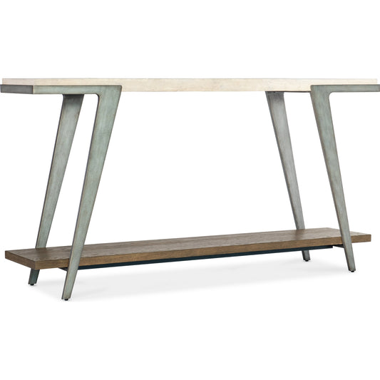 Commerce and Market Boomerang Console Table by Hooker Furniture in cream. Made from sheet metal, travertine marble, oak veneers in a modern style.