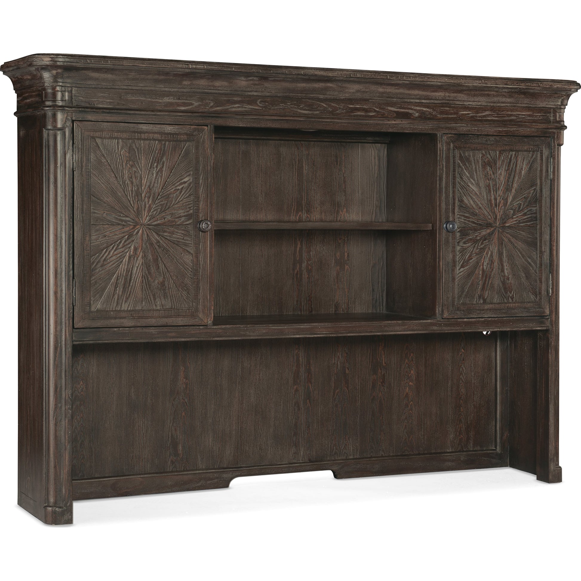Traditions Computer Credenza Hutch by Hooker Furniture in dark wood. Made from pine, oak veneers with tempered glass in a traditional style.