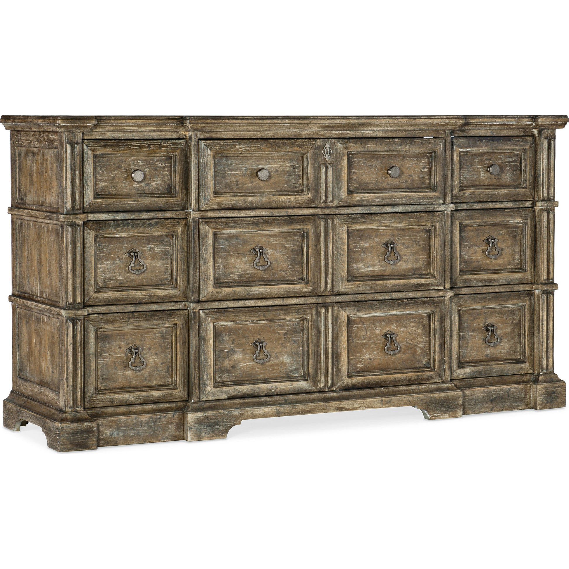 La Grange Rolling Hill Nine-Drawer Dresser by Hooker Furniture in wash off oak. Made from oak veneer, cedar, felt panel, jewelry tray, solid-wood edge top in a unique style.