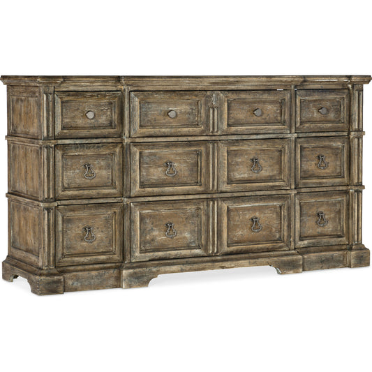 La Grange Rolling Hill Nine-Drawer Dresser by Hooker Furniture in wash off oak. Made from oak veneer, cedar, felt panel, jewelry tray, solid-wood edge top in a unique style.