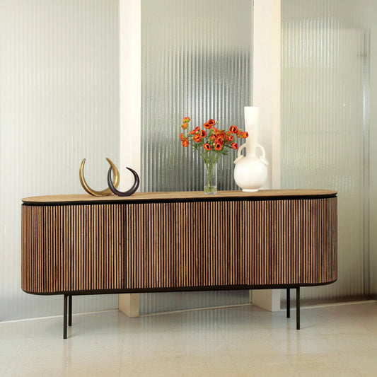 Dabney Sideboard by Arch & Plane in natural wood wash, black. Made from teak wood, iron in a unique style.