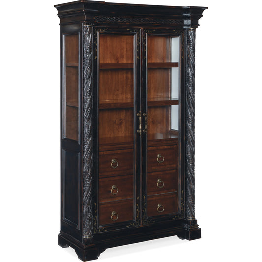 Charleston Display Cabinet by Hooker Furniture in black cherry. Made from cherry veneers with tempered glass in a traditional style.