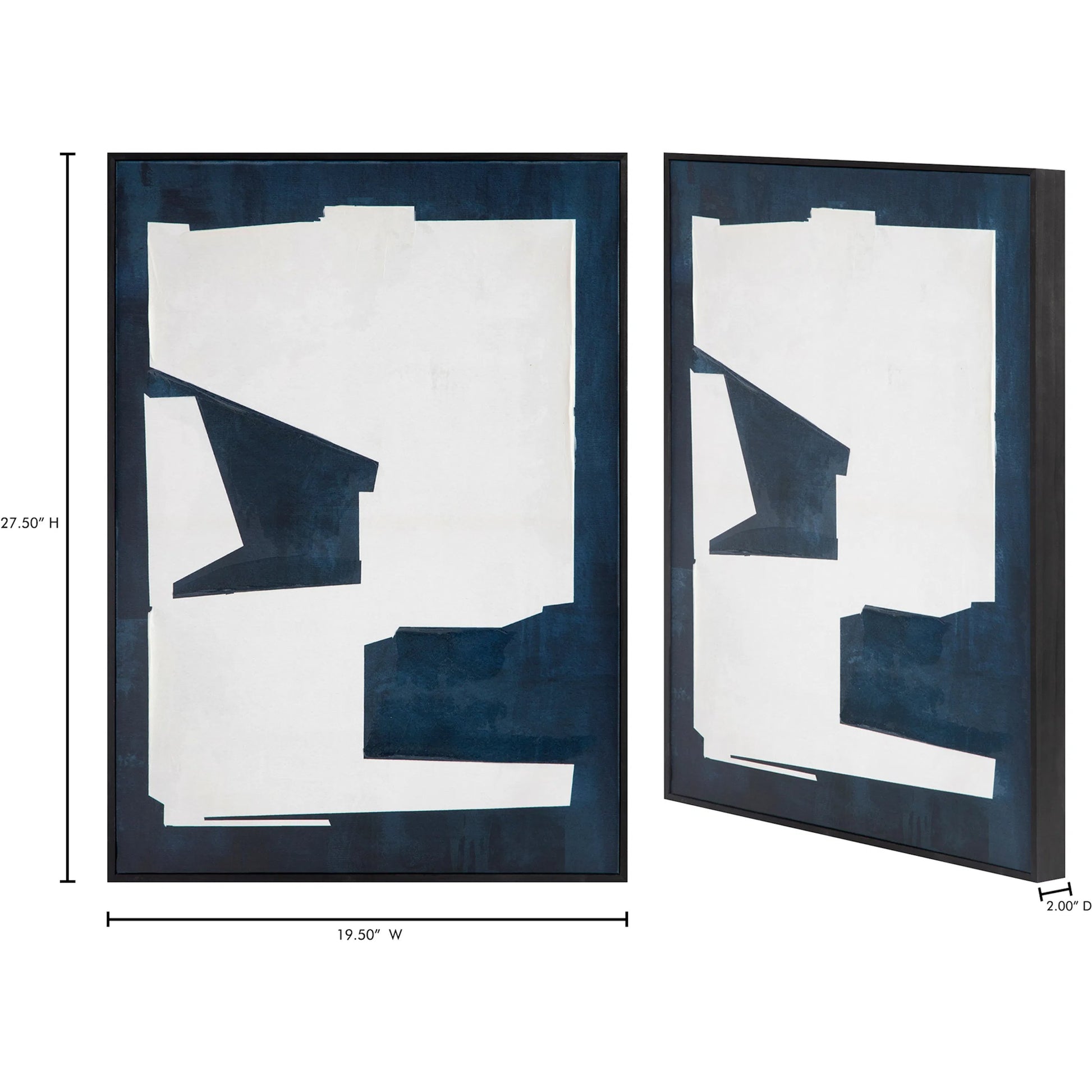 Mica 1 Framed Painting by Moe's Home Collection in blue. Made from design painted on canvas, canvas stretched over pine wood, black pine wood frame in a eclectic & global style.