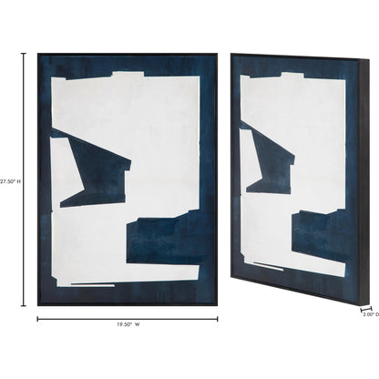Mica 1 Framed Painting by Moe's Home Collection in blue. Made from design painted on canvas, canvas stretched over pine wood, black pine wood frame in a eclectic & global style.