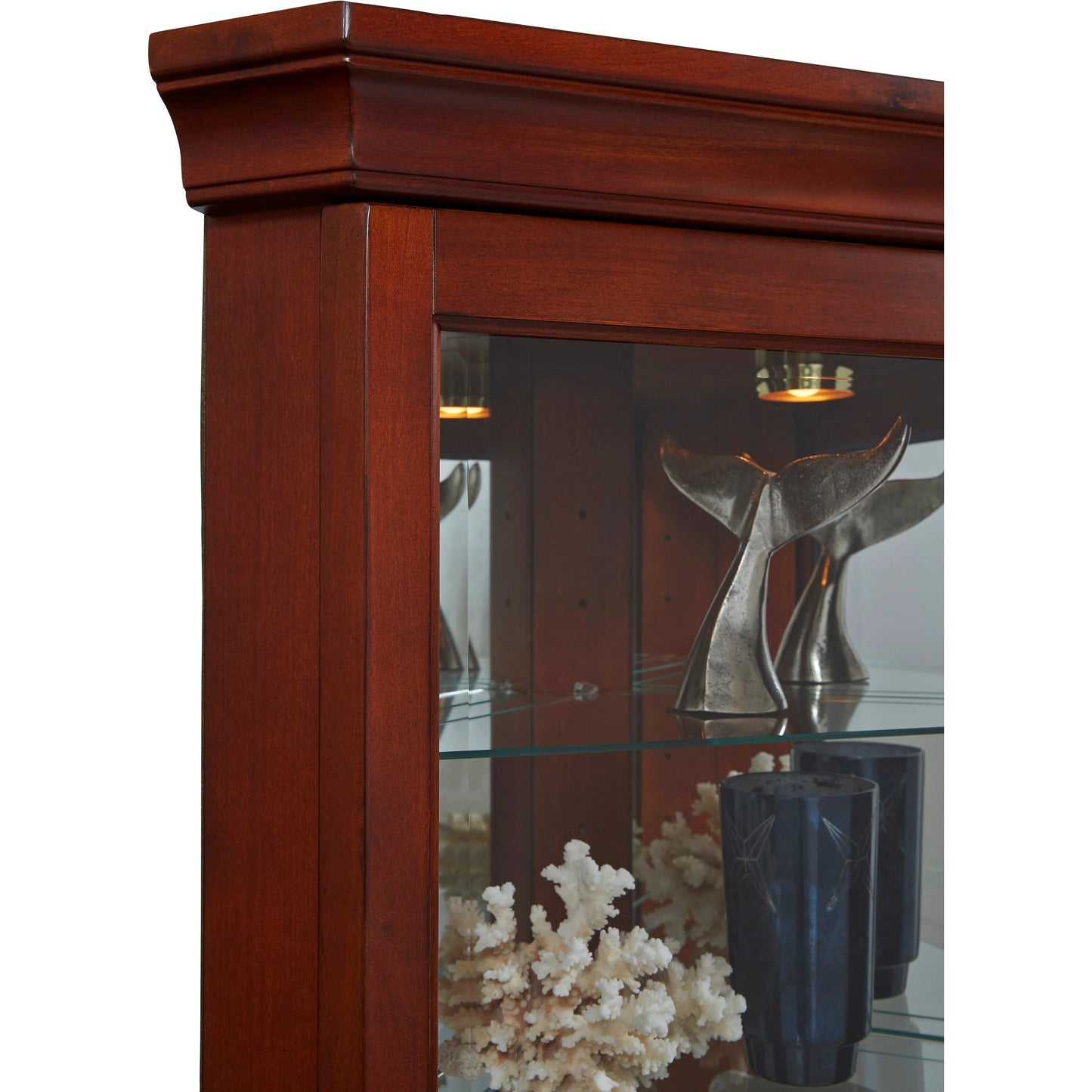004 SI-2155499 | Closeup | Victorian Cherry Corner Curio by Pulaski Furniture in cherry brown. Made from select hardwoods in a traditional style.