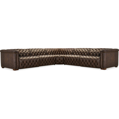 Savion Deux 5 Seat Sectional with Three Power Recliners and Six Power Headrests by Hooker Furniture in dark wood. Made from unique in a traditional style.