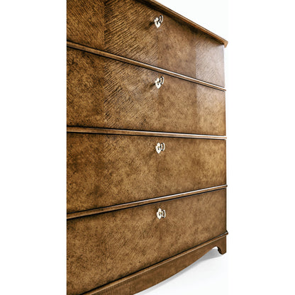 Eastcote Chest of Drawers by Jonathan Charles in brown and sycamore carmel brown. Made from solid maple, sycamore quartered veneer, faux bone, metal in a modern style.