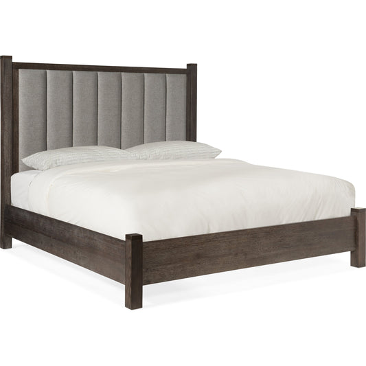 Jackson Bed by Hooker Furniture in grey and smoky arabica, cleary cement. Made from white oak, pine knotty oak veneers with fabric in a transitional style.