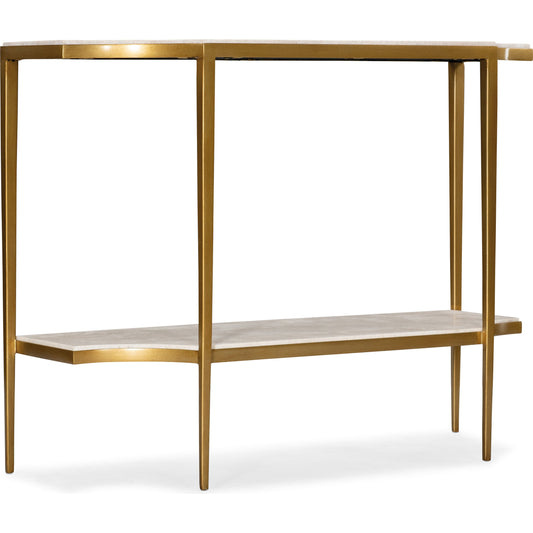 Commerce & Market Console Table by Hooker Furniture in gold. Made from white travertine stone, carbon steel in a transitional style.