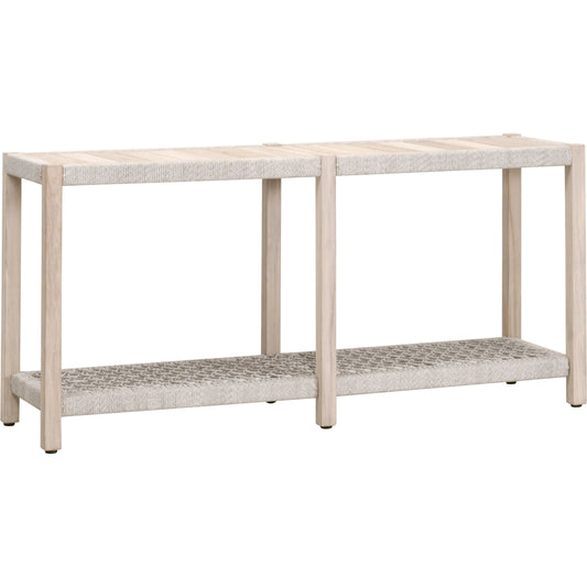 Wrap Console Table by Essentials For Living in gray teak, taupe, white flat rope. Made from solid teak wood, 100% polyolefin rope in a coastal style.
