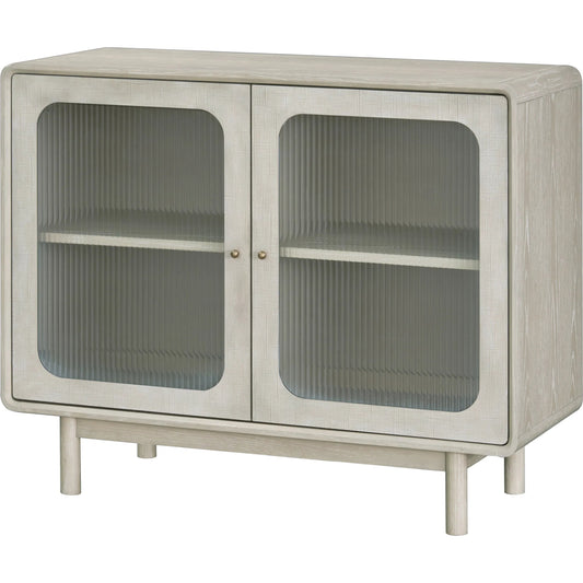 Wren Cabinet by Surya in top: light gray, clear; base: light gray and washed, painted, textured. Made from oak veneer, mdf, glass, oak in a transitional style.