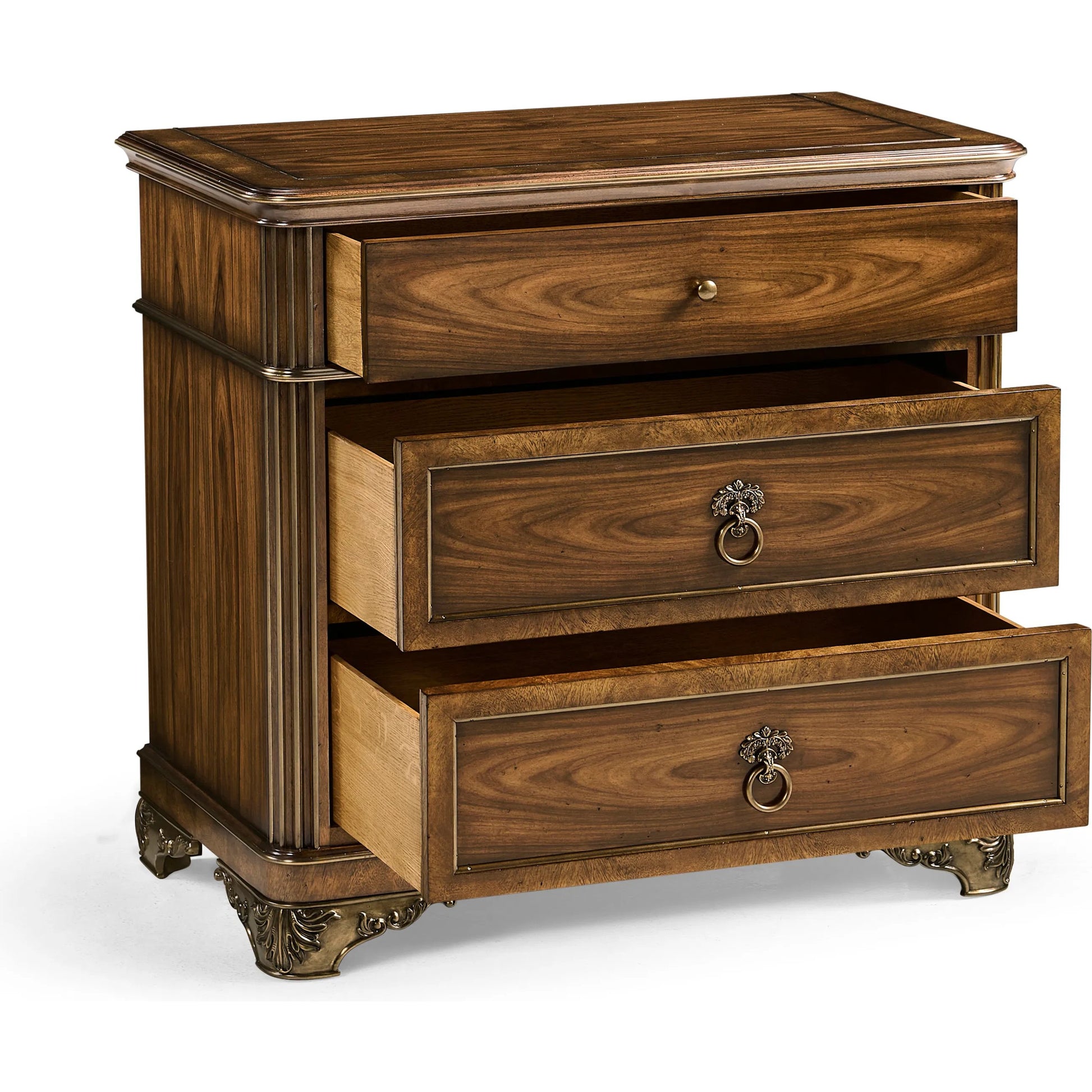 Viceroy Bedside Chest by Jonathan Charles in brown and santos brown, antique brass. Made from mahogany, cerejeira veneers, santos rosewood crown veneers, brass in a traditional style.