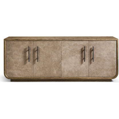 Stone Ridge Leather Credenza by Jonathan Charles in tully light acacia. Made from acacia in a transitional style.