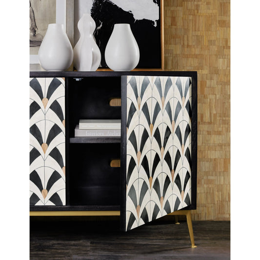 Melange Renee Credenza by Hooker Furniture in black and black wood finish. Made from mango wood with bone inlay on doors and iron in a modern style.