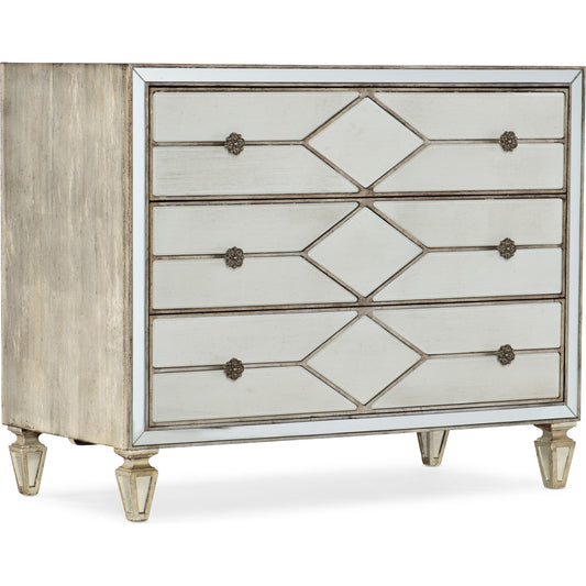 Sanctuary Queen of Diamonds Bachelorette Chest by Hooker Furniture in jewel, merinque. Made from oak veneers, felt liner, cedar, eglomise in a modern style.