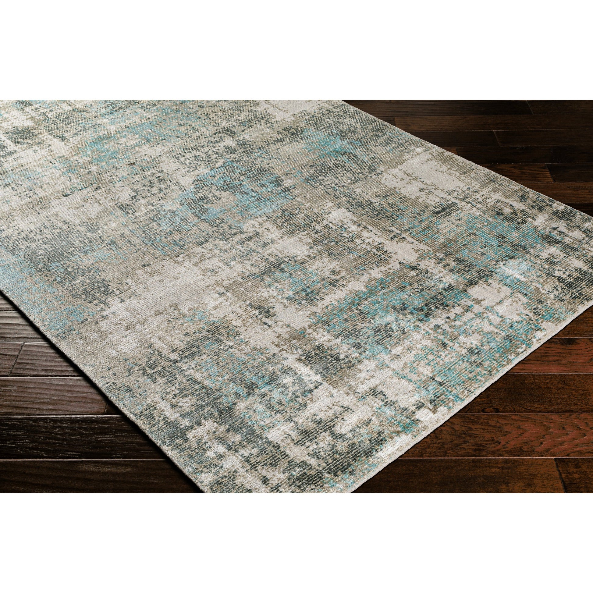 Wilson Rug - 26943 by Surya in light slate, light beige, beige, medium gray, deep teal, ice blue. Made from 60% wool, 40% viscose in a unique style.
