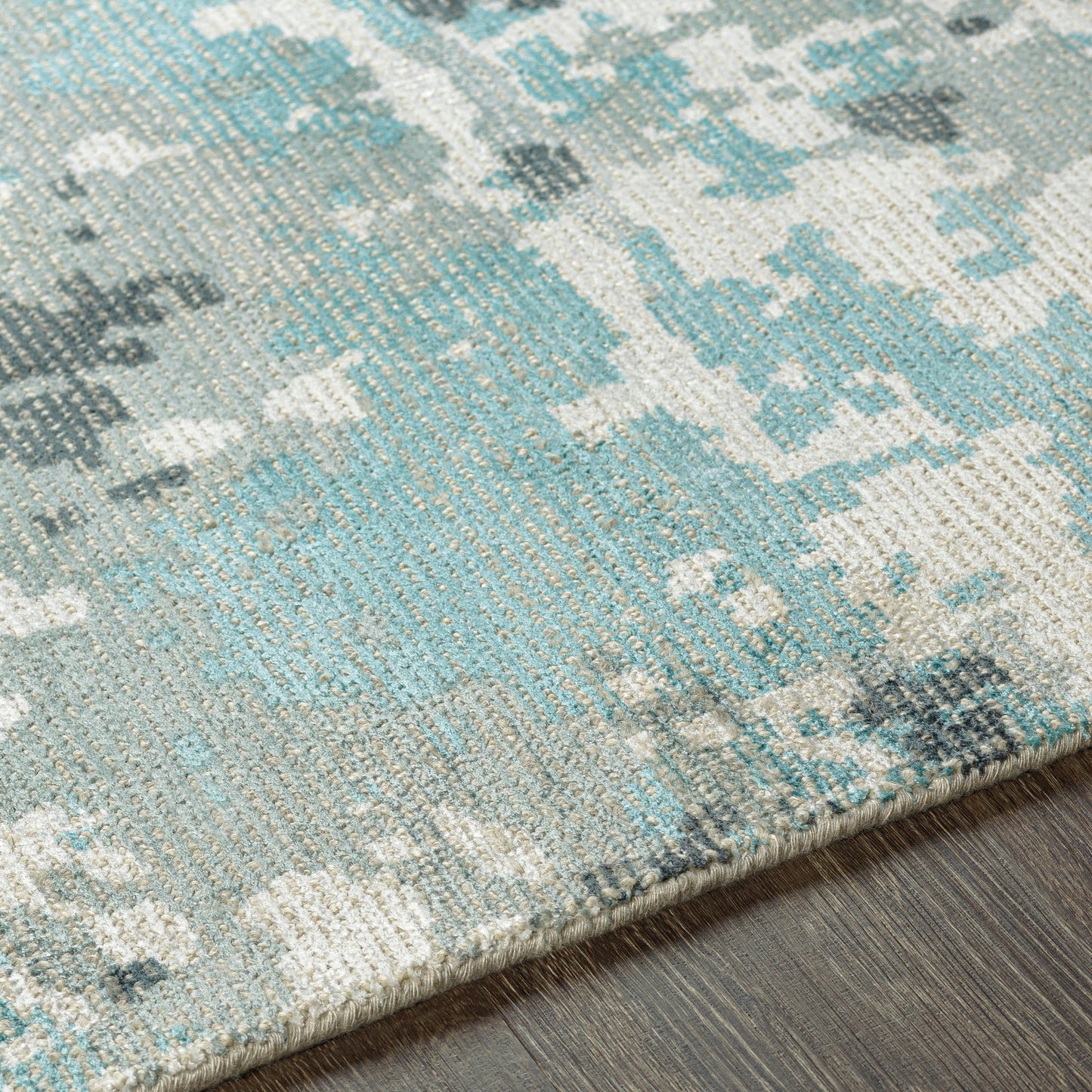 004 SI-1893593,SI-1893594,SI-1893595 | Closeup | Wilson Rug - 26945 by Surya in deep teal, light beige, beige, sage. Made from 60% wool, 40% viscose in a unique style.