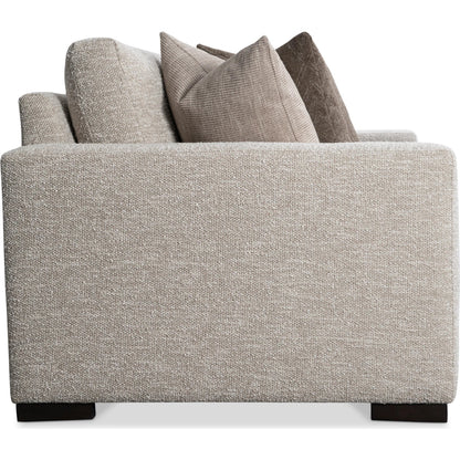 Drew Fabric Sofa by Bernhardt in beige. Made from polyfoam core, virgin polyester fibers, waterfowl feathers, waterfowl down in a transitional style.