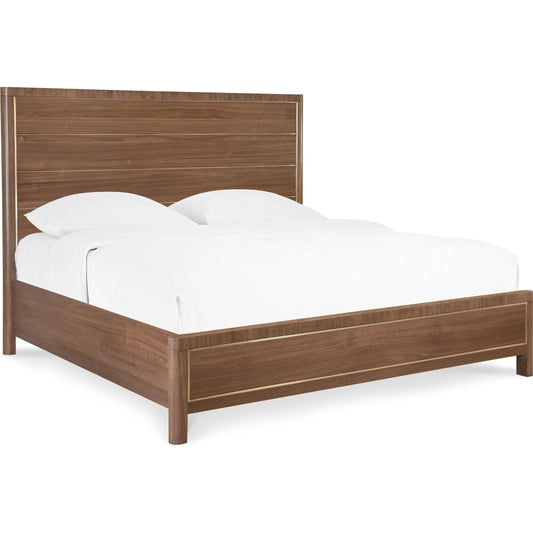 Eleana Panel Bed by Hooker Furniture in light caramel, sunlit bronze metal. Made from walnut veneers in a modern style.