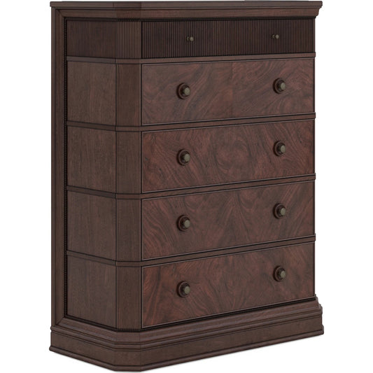 Revival Drawer Chest by A.R.T. Furniture in brown and napa mahogany. Made from rubberwood solids, quarter mahogany veneer, resin, metal in a unique style.