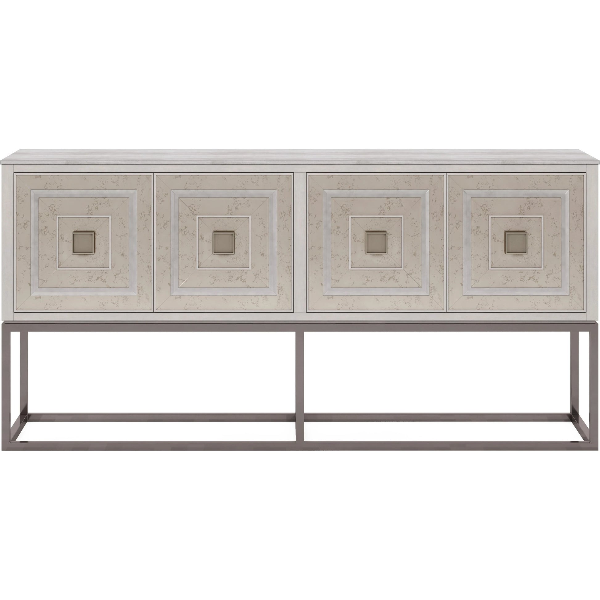 Mezzanine Accent/Media Console by A.R.T. Furniture in dove gray. Made from parawood, poplar solids, maple veneer, mirror, travertine, steel in a modern style.