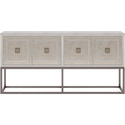 Mezzanine Accent/Media Console by A.R.T. Furniture in dove gray. Made from parawood, poplar solids, maple veneer, mirror, travertine, steel in a modern style.