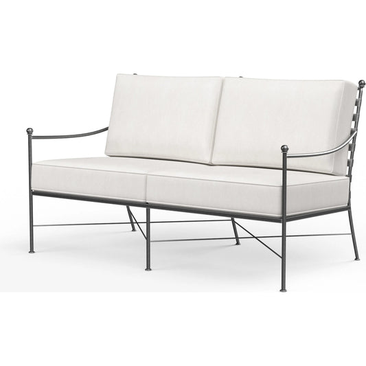 Provence Outdoor Loveseat by Sunset West in pewter. Made from wrought iron in a modern style.