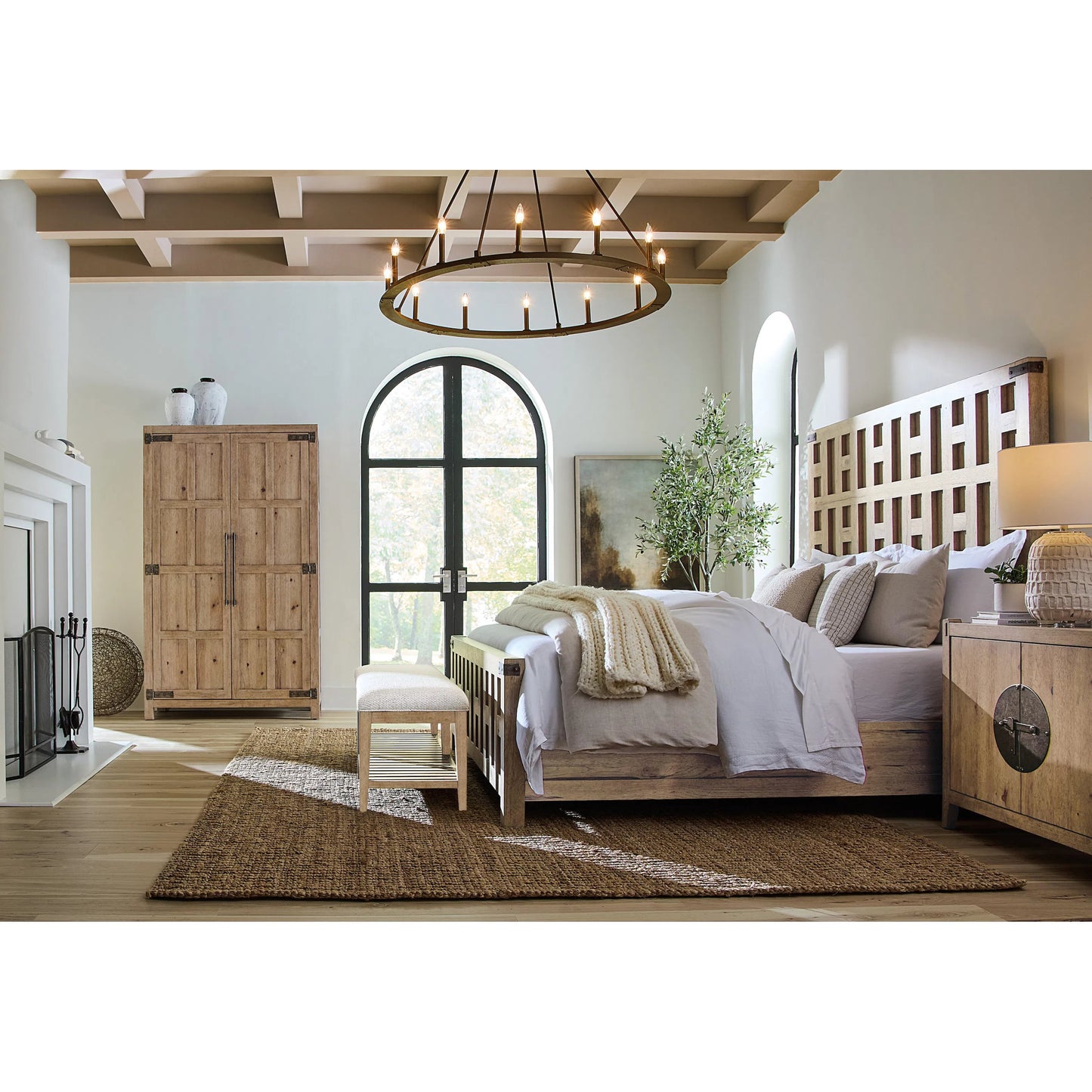 004 SI-2250735 | Lifestyle | Vineyard Row Bed Bench by Hooker Furniture in beige and sonoma. Made from 57% polyester, 43% cationic poly in a transitional style.