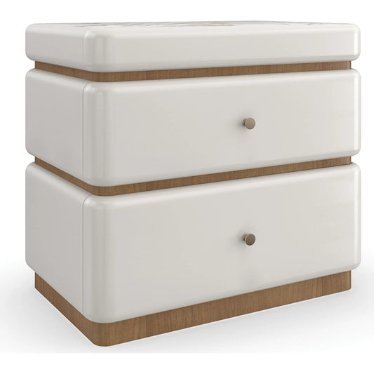 Milos Nightstand by Caracole in almond milk, toasted pecan. Made from acacia, marble, birch in a modern style.