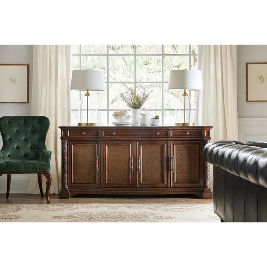 Charleston Four Door-Three Drawer Buffet by Hooker Furniture in maraschino cherry. Made from cherry veneers, maple inlay, resin, cane, solid-wood edge top in a traditional style.