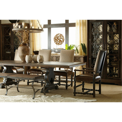 Bandera Dining Table by Hooker Furniture in saddle brown, anthracite black. Made from white oak, walnut veneers with resin in a traditional style.